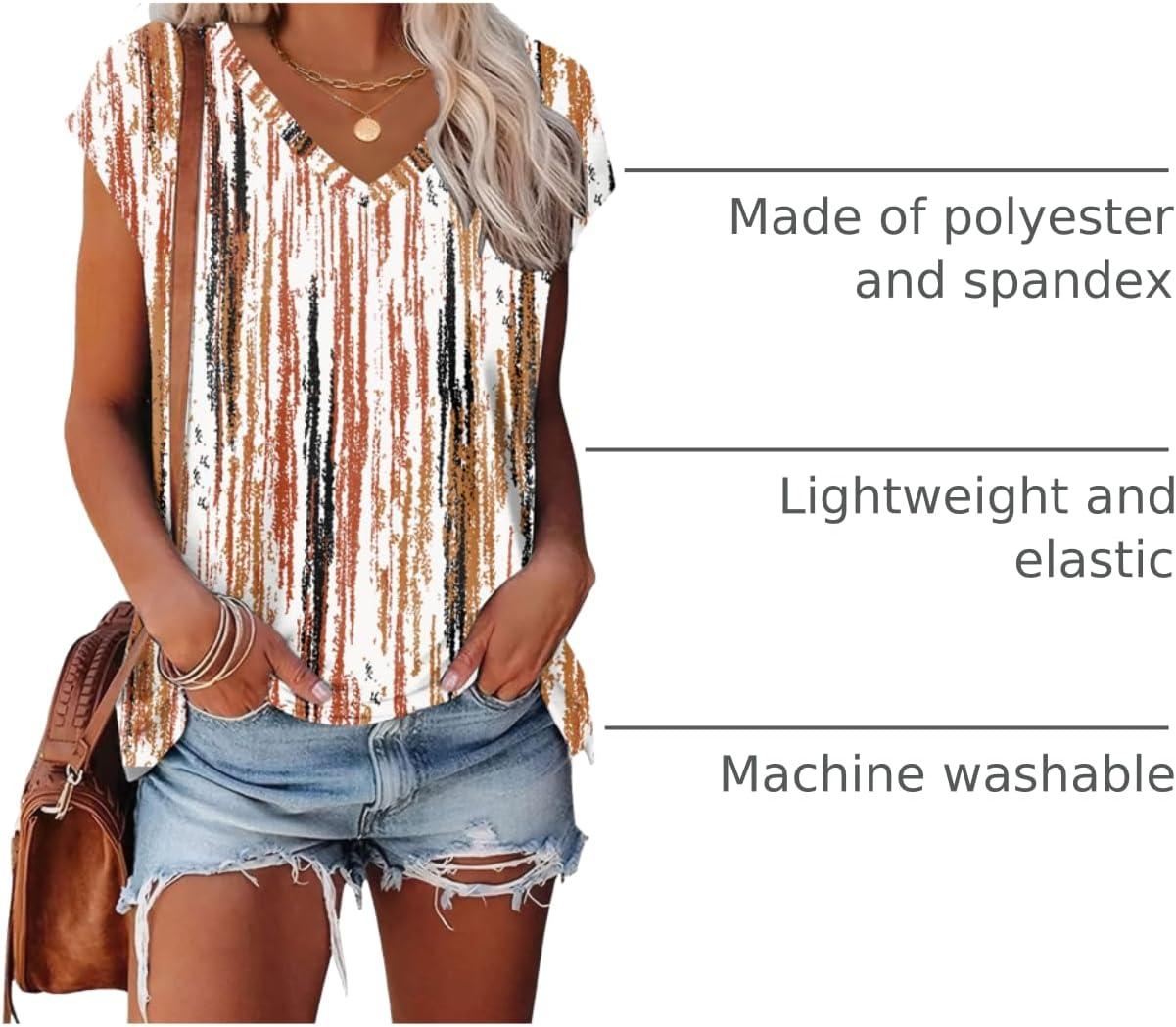 imageXIEERDUO Womens Tops V Neck Cap Sleeve Loose Fit Tee Shirts Summer Spring 2025 EyeletPrintedPrinted I