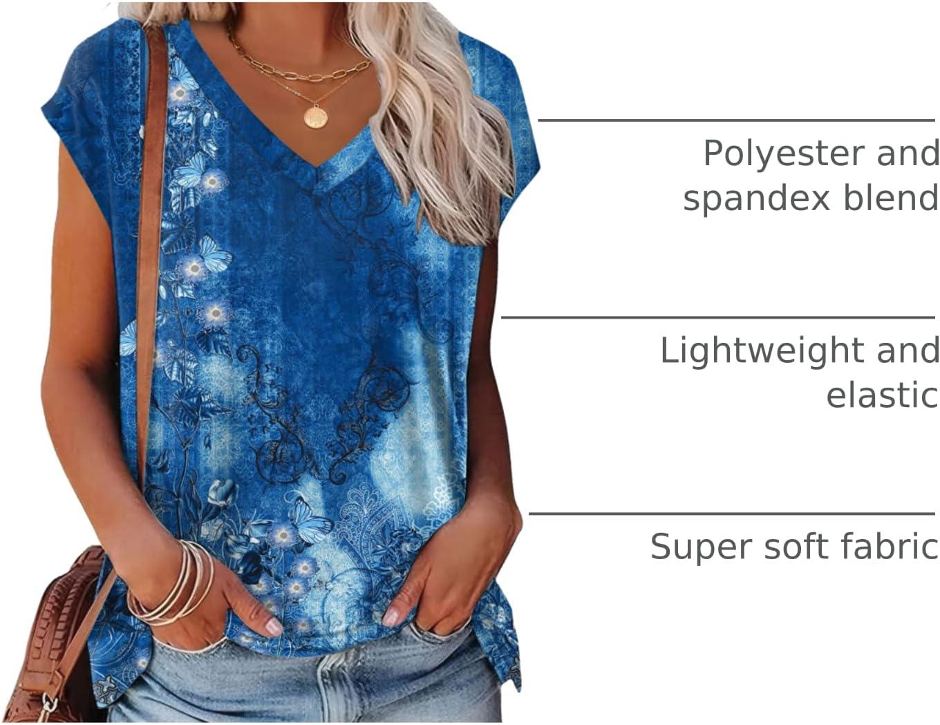 imageXIEERDUO Womens Tops V Neck Cap Sleeve Loose Fit Tee Shirts Summer Spring 2025 EyeletPrintedPrinted J