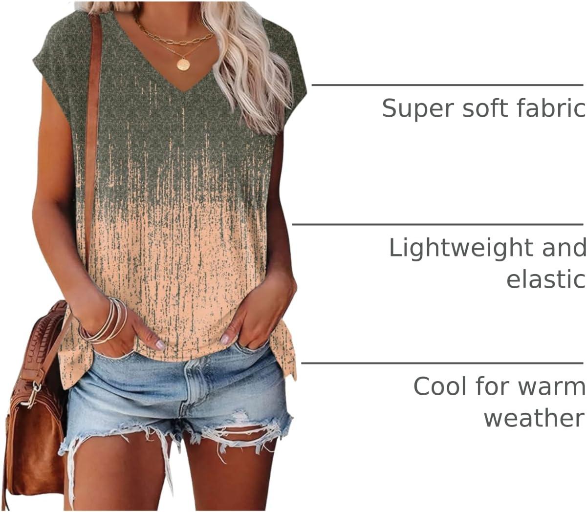 imageXIEERDUO Womens Tops V Neck Cap Sleeve Loose Fit Tee Shirts Summer Spring 2025 EyeletPrintedPrinted a