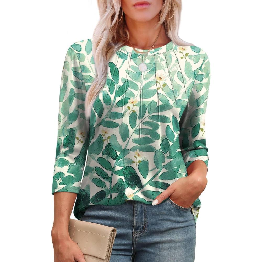 imageXIEERDUO 34 Length Sleeve Womens Tops Round Neck Casual Tunic Tops Basic Pleated Shirts Loose Fit 2025Patternedblue Leaf