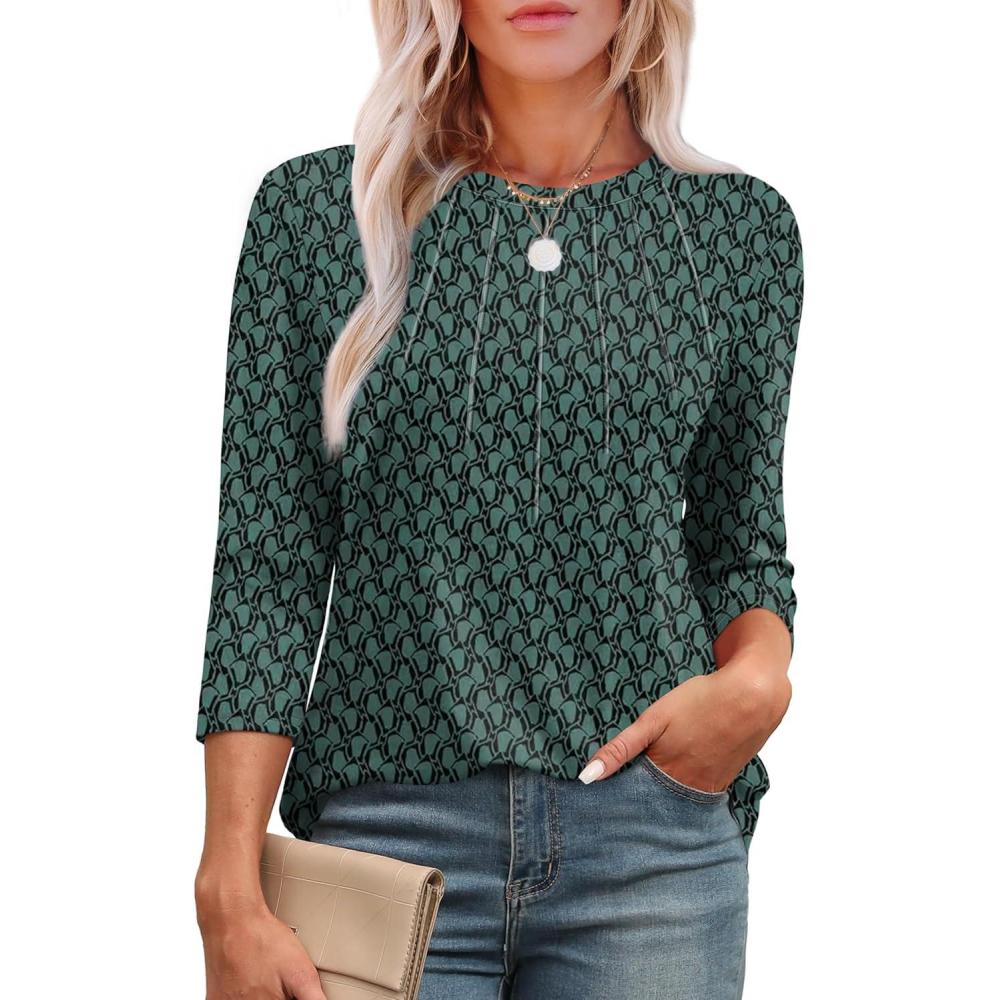 imageXIEERDUO 34 Length Sleeve Womens Tops Round Neck Casual Tunic Tops Basic Pleated Shirts Loose Fit 2025Patternedgreen Printed