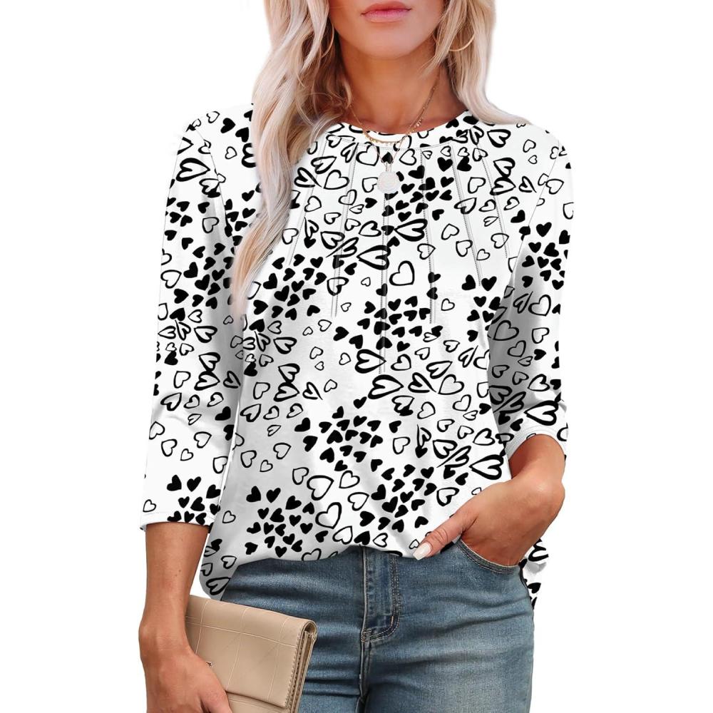 imageXIEERDUO 34 Length Sleeve Womens Tops Round Neck Casual Tunic Tops Basic Pleated Shirts Loose Fit 2025Patternedlove Print