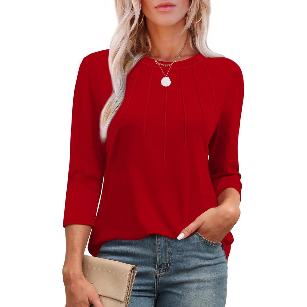 imageXIEERDUO 34 Length Sleeve Womens Tops Round Neck Casual Tunic Tops Basic Pleated Shirts Loose Fit 2025Red