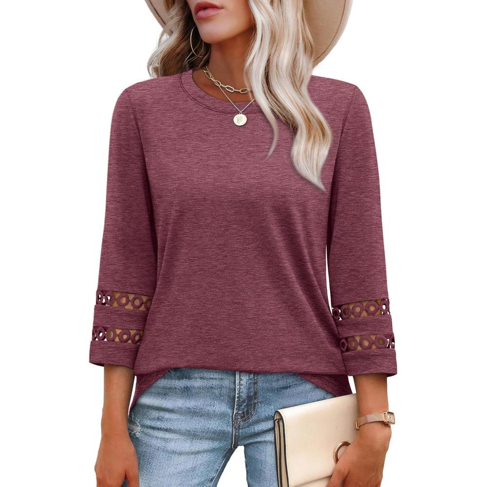 imageXIEERDUO 34 Length Sleeve Womens Tops and Blouses Dressy Casual Crewneck T Shirts Fashion Clothes Loose Fit TrendyWine Red