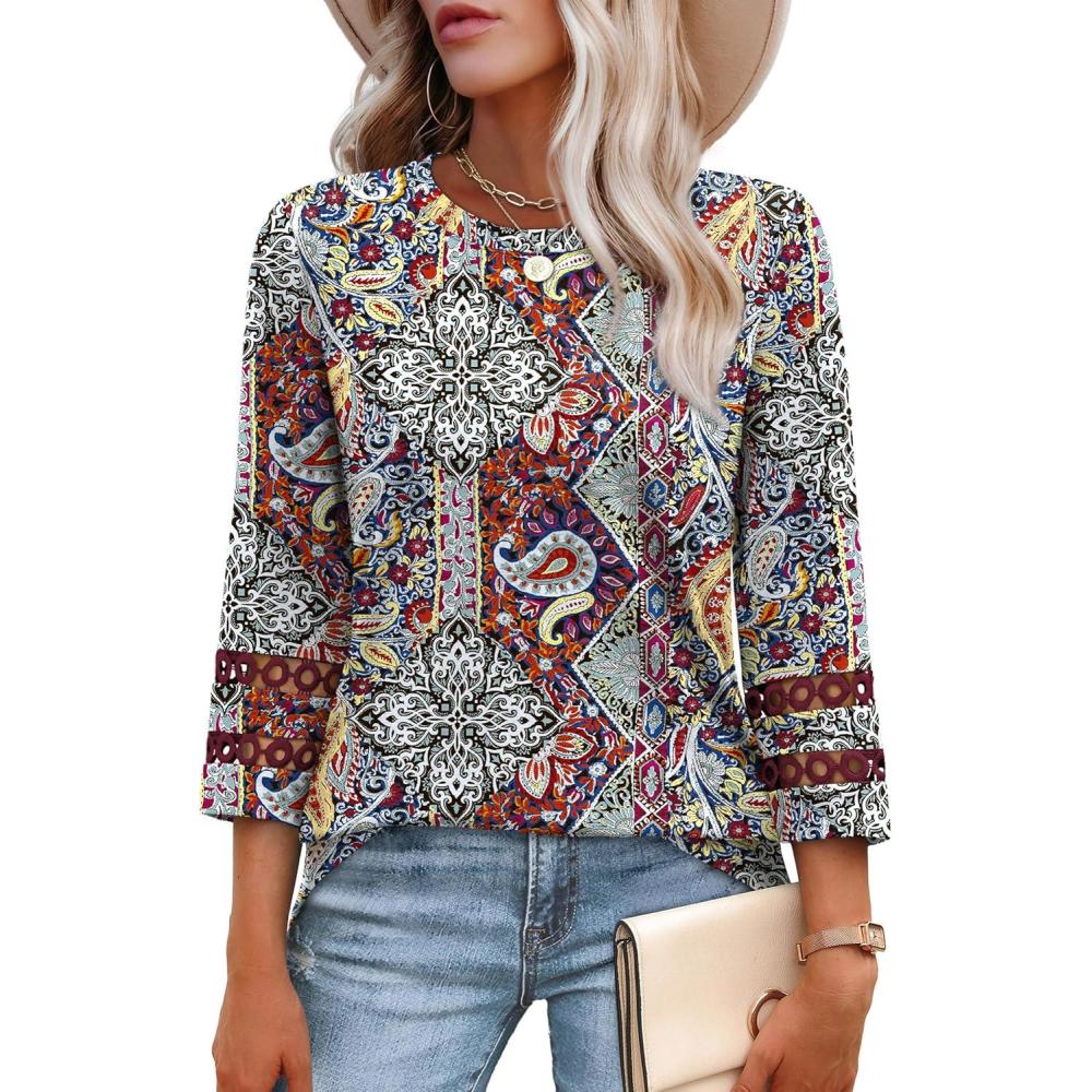 imageXIEERDUO 34 Length Sleeve Womens Tops and Blouses Dressy Casual Crewneck T Shirts Fashion Clothes Loose Fit TrendyZ Boho Multi