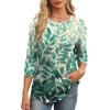 imageXIEERDUO 34 Length Sleeve Womens Tops Round Neck Casual Tunic Tops Basic Pleated Shirts Loose Fit 2025Patternedblue Leaf