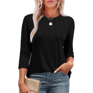 imageXIEERDUO 34 Length Sleeve Womens Tops Round Neck Casual Tunic Tops Basic Pleated Shirts Loose Fit 2025Black