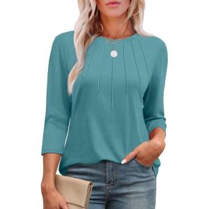 imageXIEERDUO 34 Length Sleeve Womens Tops Round Neck Casual Tunic Tops Basic Pleated Shirts Loose Fit 2025Blue Green