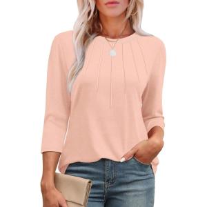 imageXIEERDUO 34 Length Sleeve Womens Tops Round Neck Casual Tunic Tops Basic Pleated Shirts Loose Fit 2025Newlight Pink