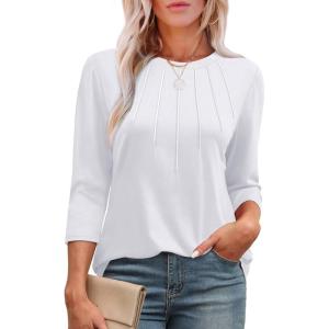 imageXIEERDUO 34 Length Sleeve Womens Tops Round Neck Casual Tunic Tops Basic Pleated Shirts Loose Fit 2025White
