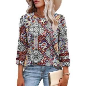 imageXIEERDUO 34 Length Sleeve Womens Tops and Blouses Dressy Casual Crewneck T Shirts Fashion Clothes Loose Fit TrendyZ Boho Multi