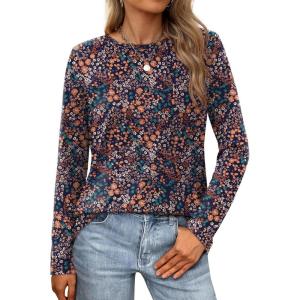 imageXIEERDUO Long Sleeve Shirts for Women Casual Crew Neck Basic Fall Tops Loose Fit ComfyD Blue Floral