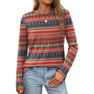 imageXIEERDUO Long Sleeve Shirts for Women Casual Crew Neck Basic Fall Tops Loose Fit ComfyD Boho Red