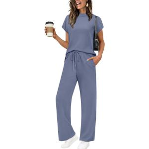 imageXIEERDUO Womens Side Slit Lounge Sets 2 Piece Travel Outfits Wide Leg Loungewear Fashion Mock Neck Tracksuits S3XLBlue