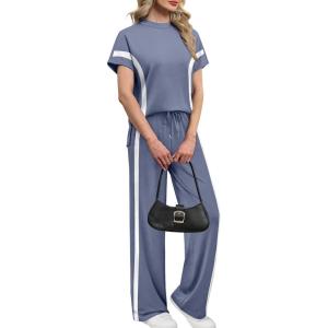 imageXIEERDUO Womens Side Slit Lounge Sets 2 Piece Travel Outfits Wide Leg Loungewear Fashion Mock Neck Tracksuits S3XLBlue White
