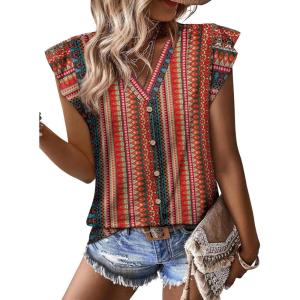 imageTank Tops for Women V Neck Clothes Womens Tops Dressy Blouses Ruffle Sleeve Shirts Fashion Clothing Business Casual OutfitsRed Stripe