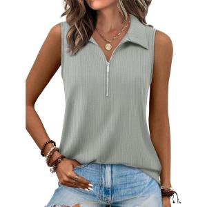 imageXIEERDUO Womens Summer Tops V Neck Collared Shirts Dressy Casual Ribbed Tank Top with Zipper Loose FitA Whitesmock