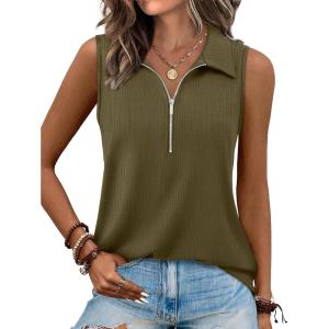 imageXIEERDUO Womens Summer Tops V Neck Collared Shirts Dressy Casual Ribbed Tank Top with Zipper Loose FitArmy Green