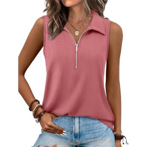 imageXIEERDUO Womens Summer Tops V Neck Collared Shirts Dressy Casual Ribbed Tank Top with Zipper Loose FitCoral