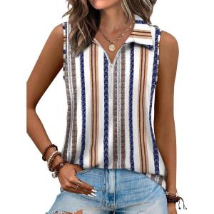imageXIEERDUO Womens Summer Tops V Neck Collared Shirts Dressy Casual Ribbed Tank Top with Zipper Loose FitF Vertical Striped 2