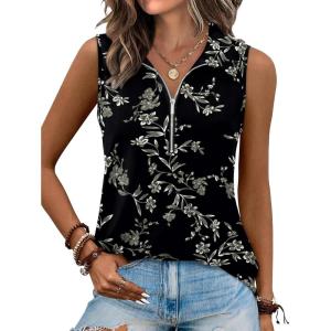 imageXIEERDUO Womens Summer Tops V Neck Collared Shirts Dressy Casual Ribbed Tank Top with Zipper Loose FitFloral Black