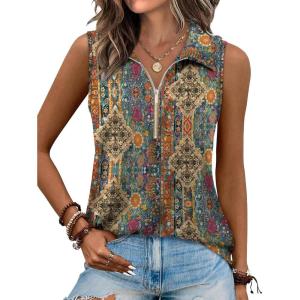 imageXIEERDUO Womens Summer Tops V Neck Collared Shirts Dressy Casual Ribbed Tank Top with Zipper Loose FitFloral Boho