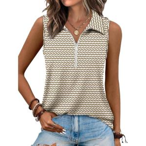 imageXIEERDUO Womens Summer Tops V Neck Collared Shirts Dressy Casual Ribbed Tank Top with Zipper Loose FitFloral Striped