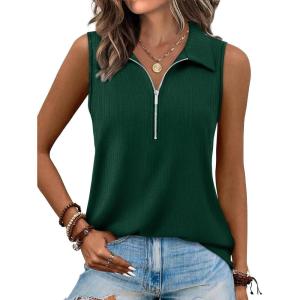 imageXIEERDUO Womens Summer Tops V Neck Collared Shirts Dressy Casual Ribbed Tank Top with Zipper Loose FitGreen