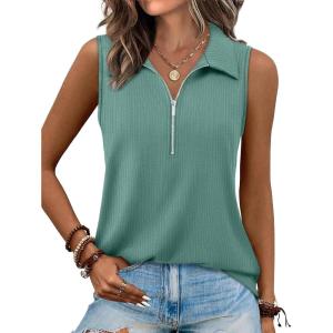 imageXIEERDUO Womens Summer Tops V Neck Collared Shirts Dressy Casual Ribbed Tank Top with Zipper Loose FitGrey Green