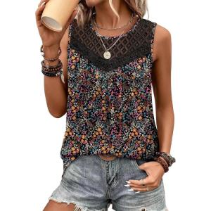 imageXIEERDUO Womens Tank Tops Sleeveless Lace Crochet Boho Tops Loose Fit Pleated Tunics Crewneck Summer Vacation Outfits FlowyPatternedblack Floral