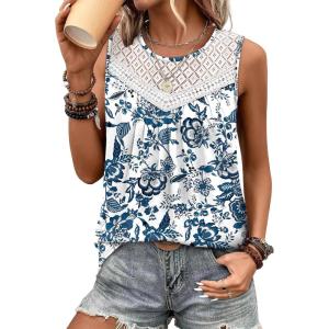 imageXIEERDUO Womens Tank Tops Sleeveless Lace Crochet Boho Tops Loose Fit Pleated Tunics Crewneck Summer Vacation Outfits FlowyPatternedblue Print