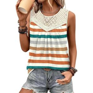 imageXIEERDUO Womens Tank Tops Sleeveless Lace Crochet Boho Tops Loose Fit Pleated Tunics Crewneck Summer Vacation Outfits FlowyPatternedmulticolor Stripe