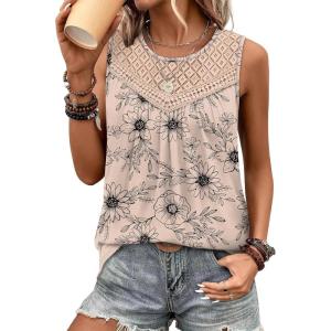 imageXIEERDUO Womens Tank Tops Sleeveless Lace Crochet Boho Tops Loose Fit Pleated Tunics Crewneck Summer Vacation Outfits FlowyPatternedsunflower