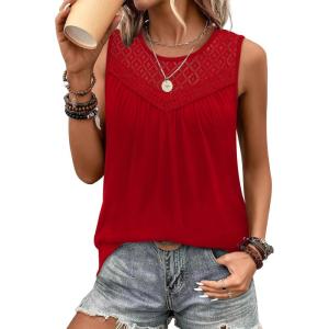 imageXIEERDUO Womens Tank Tops Sleeveless Lace Crochet Boho Tops Loose Fit Pleated Tunics Crewneck Summer Vacation Outfits FlowyRed