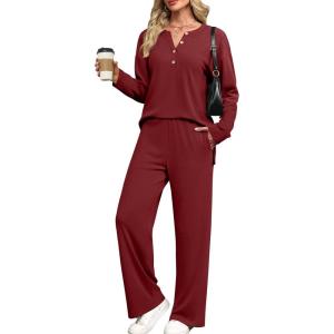 imageXIEERDUO Lounge Sets for Women 2 Piece V Neck Button Matching Sweatsuit Loungewear Fall Outfits Fashion Clothing PajamasRed