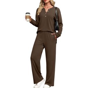 imageXIEERDUO Lounge Sets for Women 2 Piece V Neck Button Matching Sweatsuit Loungewear Fall Outfits Fashion Clothing PajamasSolid Brown