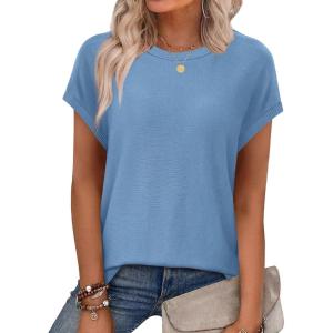 imageXIEERDUO Short Sleeve Sweater for Women Lightweight Sweaters Boho Tops Summer Clothes Beach Vacation Outfits 2026Solid Blue