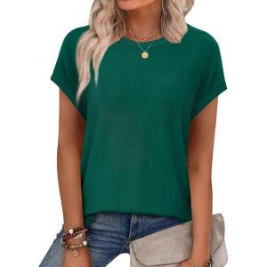 imageXIEERDUO Short Sleeve Sweater for Women Lightweight Sweaters Boho Tops Summer Clothes Beach Vacation Outfits 2026Solid Green