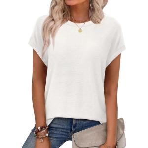 imageXIEERDUO Short Sleeve Sweater for Women Lightweight Sweaters Boho Tops Summer Clothes Beach Vacation Outfits 2026Solid a White