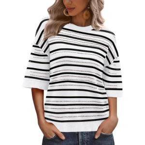 imageXIEERDUO Womens Half Sleeve Sweater Knit Crochet Blouses Tops 2026 Spring Summer Fashion Clothing OutfitsAblack White Stripe