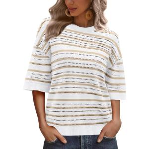imageXIEERDUO Womens Half Sleeve Sweater Knit Crochet Blouses Tops 2026 Spring Summer Fashion Clothing OutfitsAwhite Khaki Stripe