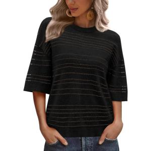 imageXIEERDUO Womens Half Sleeve Sweater Knit Crochet Blouses Tops 2026 Spring Summer Fashion Clothing OutfitsBlack