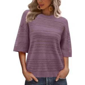 imageXIEERDUO Womens Half Sleeve Sweater Knit Crochet Blouses Tops 2026 Spring Summer Fashion Clothing OutfitsPurple