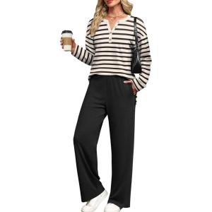 imageXIEERDUO Lounge Sets for Women 2 Piece V Neck Button Matching Sweatsuit Loungewear Fall Outfits Fashion Clothing PajamasBlack Stripe