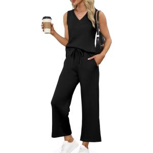 imageXIEERDUO Two Piece Sets for Women Summer Vacation Travel Outfits V Neck Lounge Matching SetsBlack