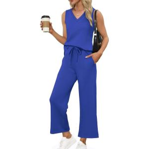 imageXIEERDUO Two Piece Sets for Women Summer Vacation Travel Outfits V Neck Lounge Matching SetsBlue