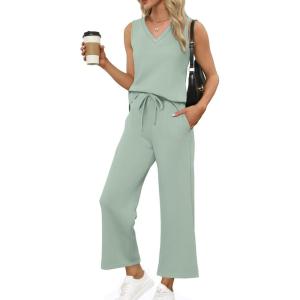 imageXIEERDUO Two Piece Sets for Women Summer Vacation Travel Outfits V Neck Lounge Matching SetsSage Green