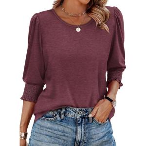 imageXIEERDUO Blouses for Women Dressy Casual 34 Length Sleeve Womens Tops with Smocked CuffsEburgundy