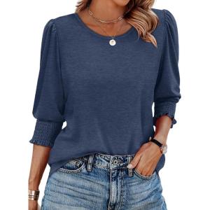 imageXIEERDUO Blouses for Women Dressy Casual 34 Length Sleeve Womens Tops with Smocked CuffsEnavy Blue