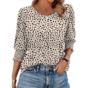 imageXIEERDUO Blouses for Women Dressy Casual 34 Length Sleeve Womens Tops with Smocked CuffsPapricot Dot